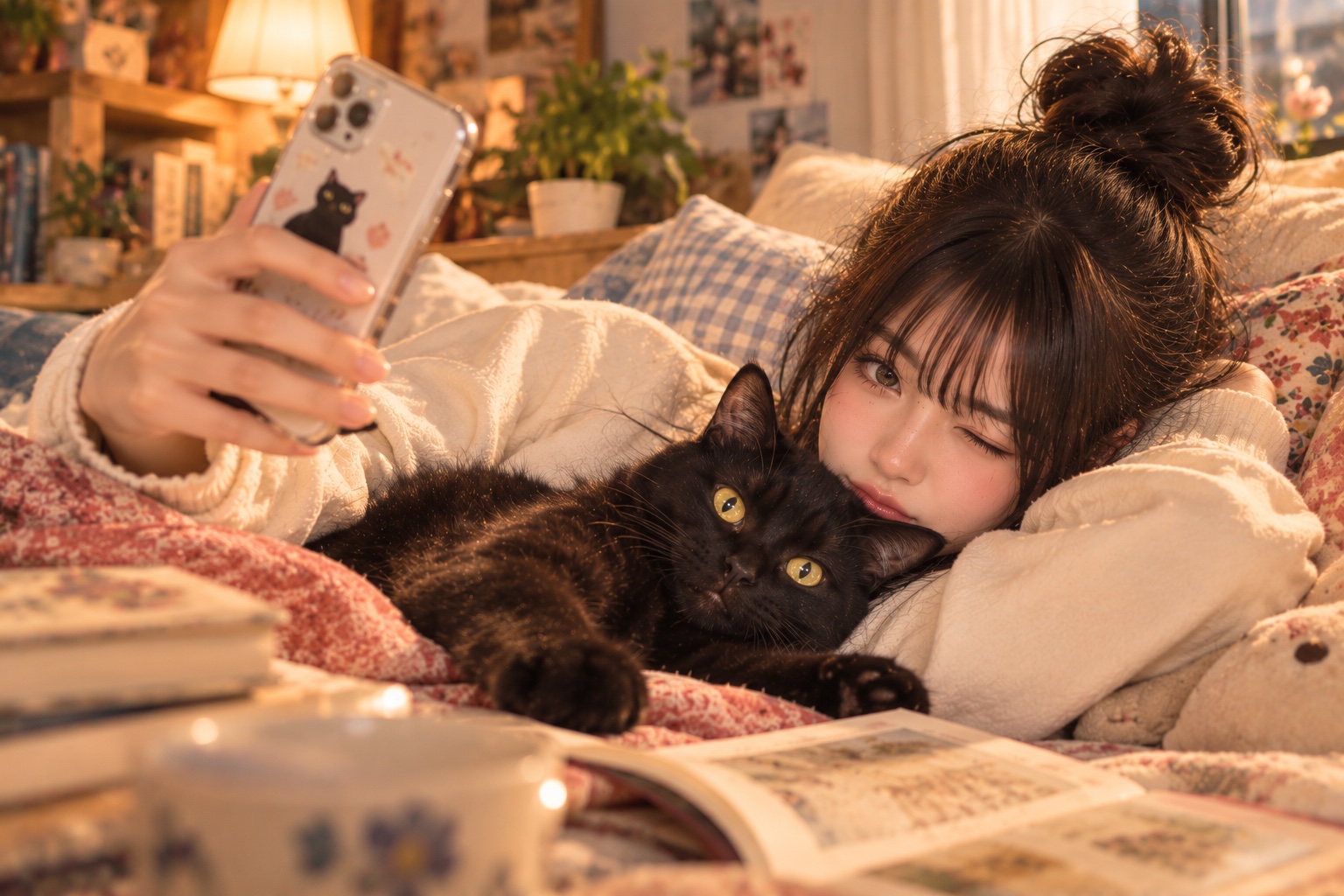 June taking a selfie with the black cat on the bed