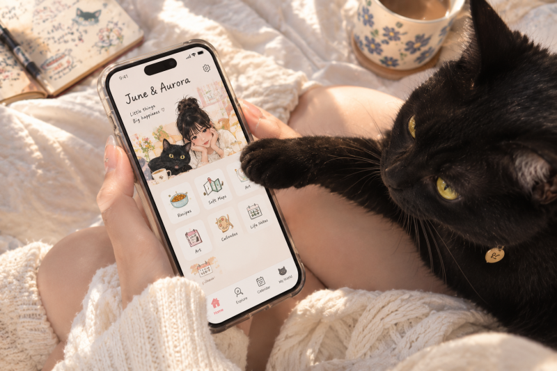 Phone showing the June & Aurora app home with an illustration header of June and the cat, cat paw on the screen