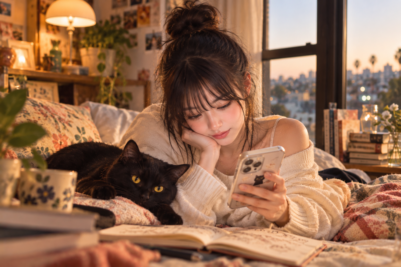 June lying on a bed with the black cat, looking at her phone in a warm sunset room