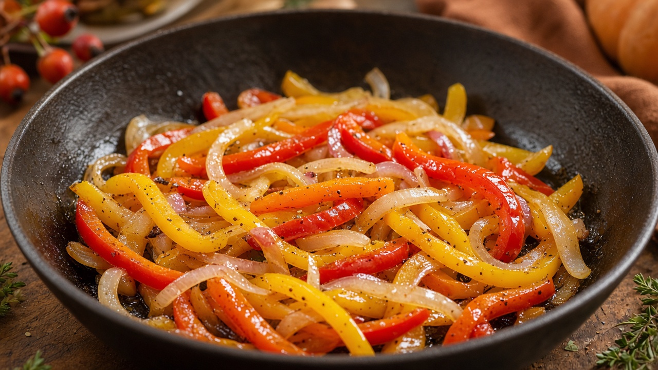 Cook peppers and onions