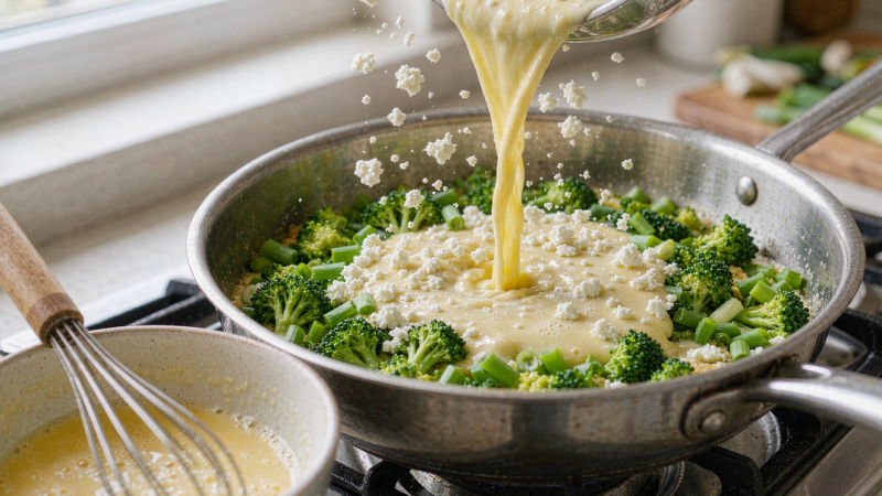 Add the eggs and feta