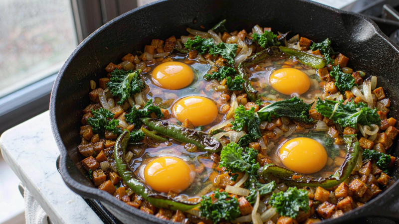 Wilt the kale and crack in the eggs