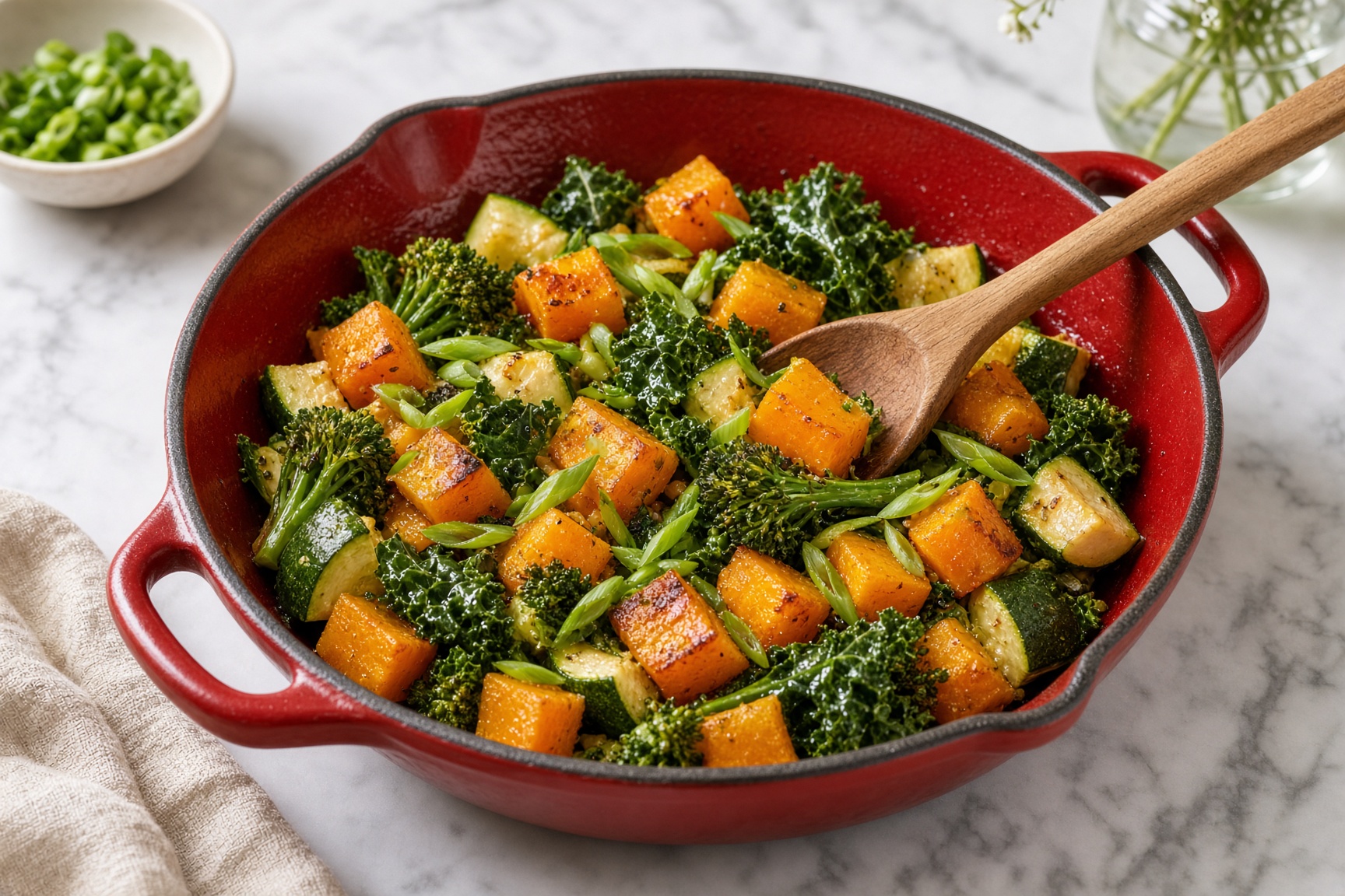 Add the squash and kale