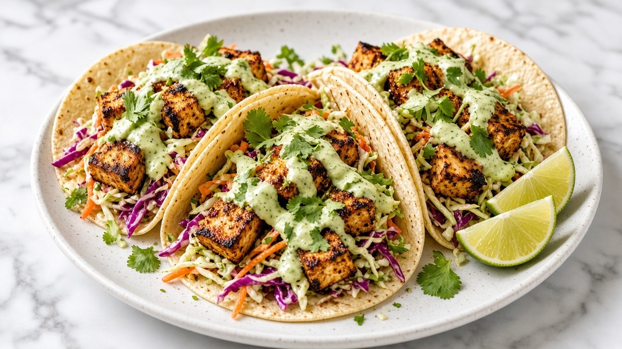 Grilled Tofu Tacos with Avocado Cashew Cream