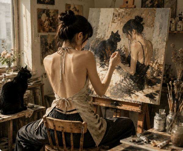 June painting in her studio